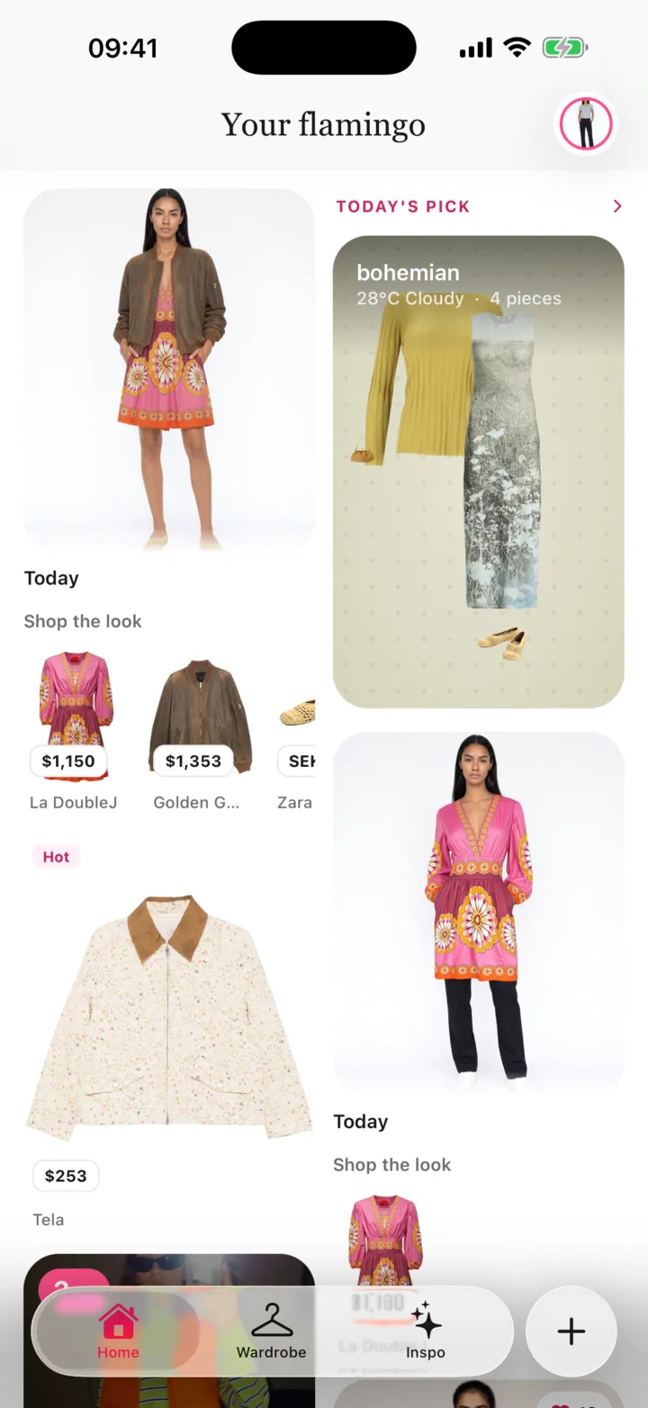 Flamingo home screen with a daily outfit pick for the weather and shop-the-look pieces