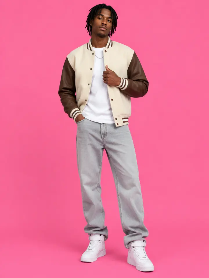 Example twin in a cream varsity jacket