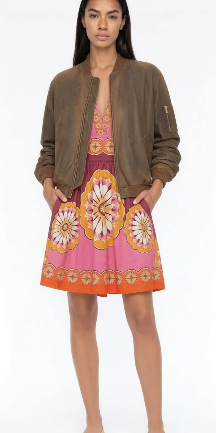 A Flamingo try-on: a twin in a suede bomber jacket over a printed dress
